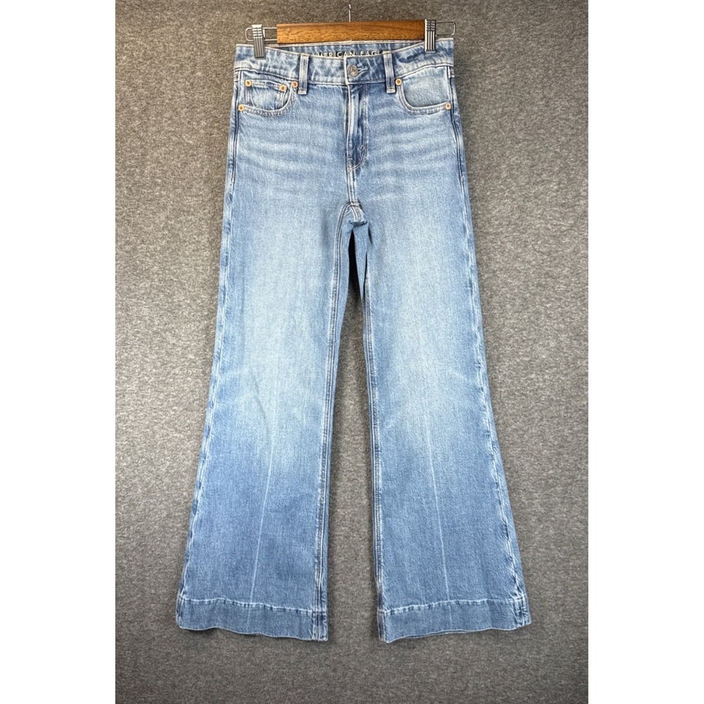 American Eagle High-Rise Flare Jeans Women 000 Light Blue Stretch 24x29 Academia